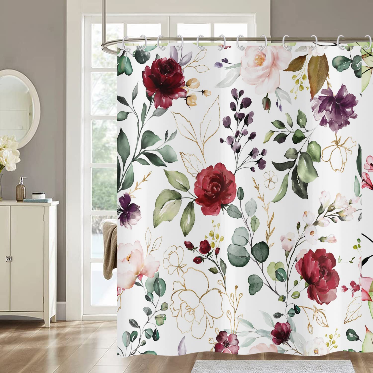 Hnmdmyi Floral Shower Curtain 120x180, Vintage Burgundy Rose Flower with Green Leaf Elegant Plant Nature Aesthetic Bathroom Curtains Waterproof Polyester Fabric Washable Bath Curtains with Hooks — image 1