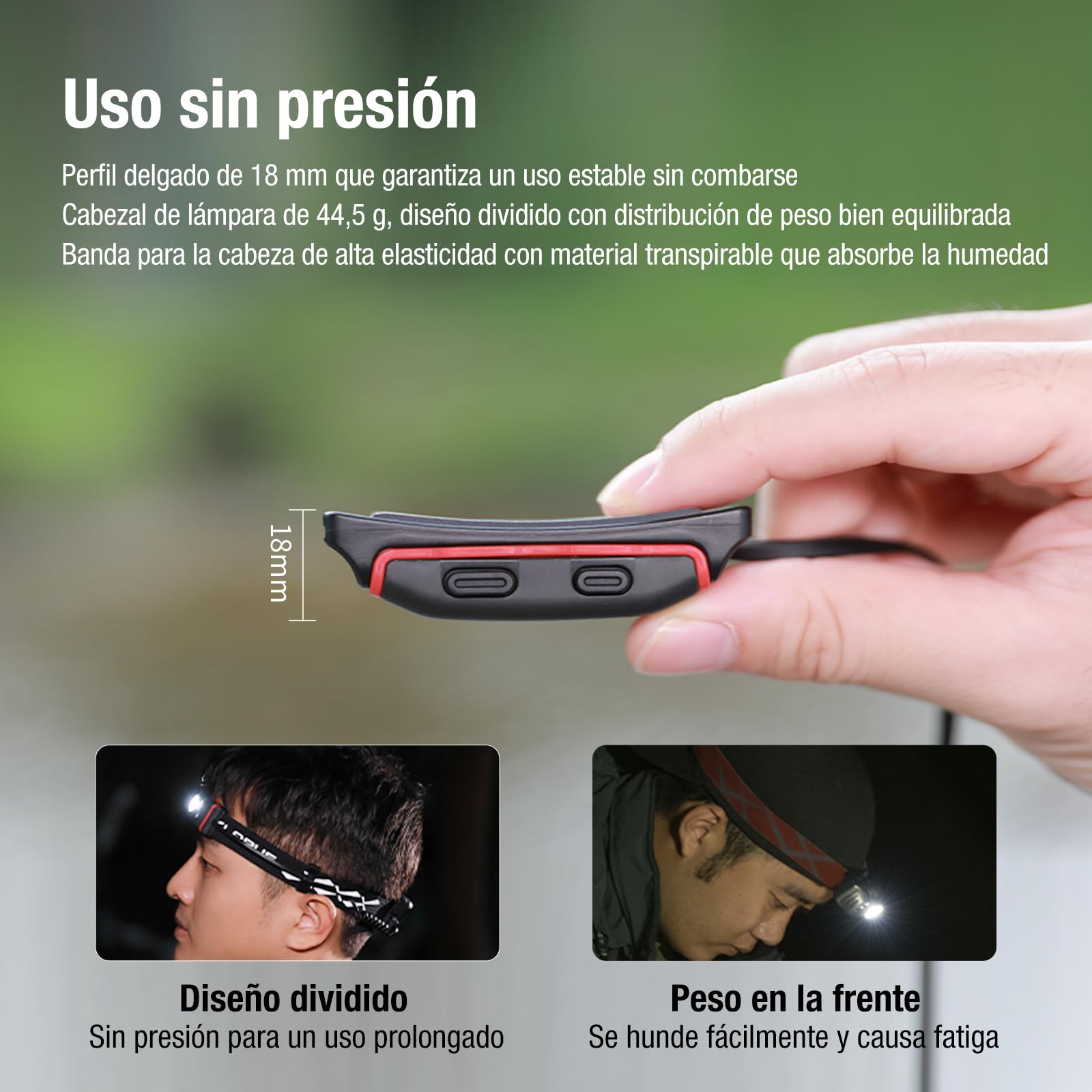 klarus Linterna frontal HM5 800 lúmenes, ultrafina, ligera, con luz roja, doble interruptor, 105 horas de tiempo de funcionamiento, IPX6, resistente al agua, linterna frontal LED para correr, camping