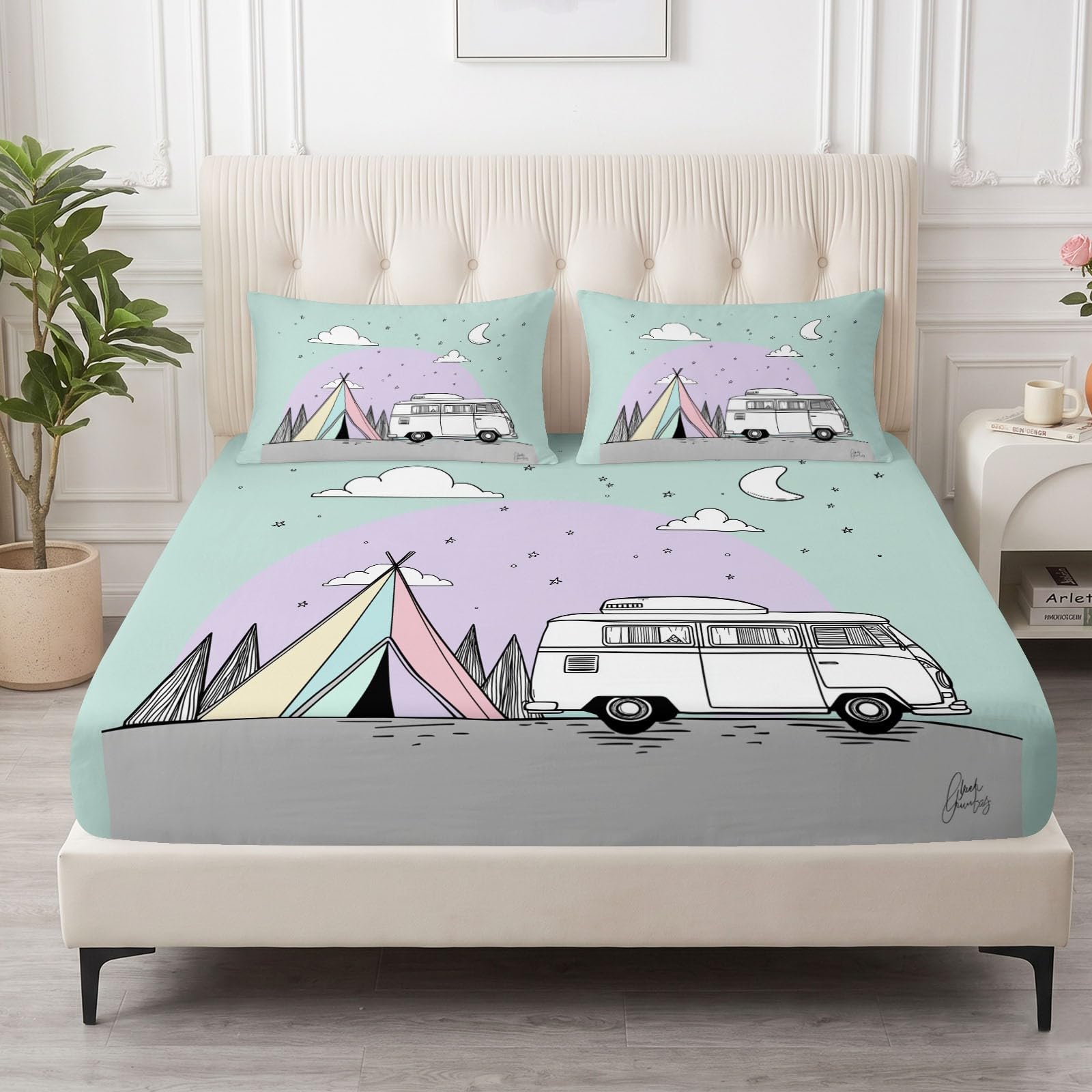 Lenzuolo con angoli per letto singolo, con tasca profonda 30 cm, morbida microfibra spazzolata, con 2 federe, traspirante, resistente allo sbiadimento, 90 x 190 cm, motivo: cielo stellato, camper