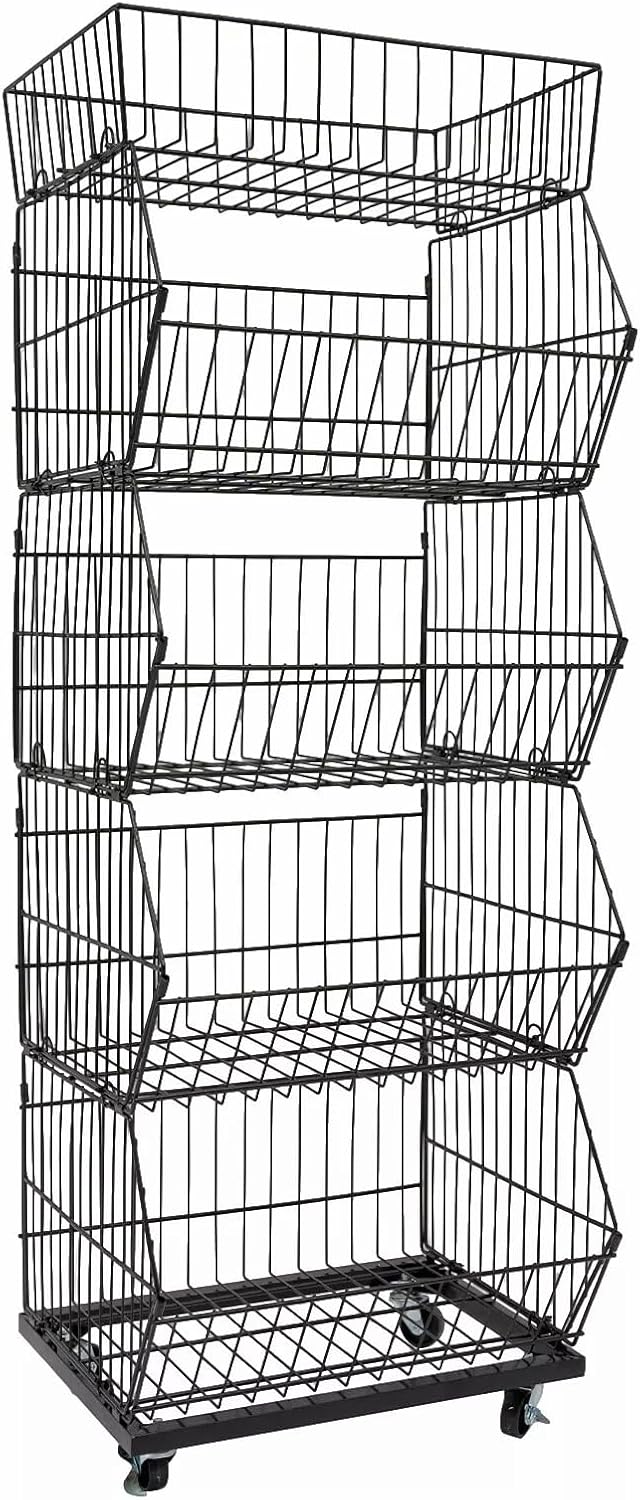 Retail Display Rack, 5 Tier Wire Grid Retail Display Shelf with Wheels, Slanted Basket Merchandise Rack for Supermarket Retail, 44lbs Capacity Per Tier (Black)