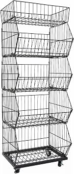 Retail Display Rack, 5 Tier Wire Grid Retail Display Shelf with Wheels, Slanted Basket Merchandise Rack for Supermarket Retail, 44lbs Capacity Per Tier Black