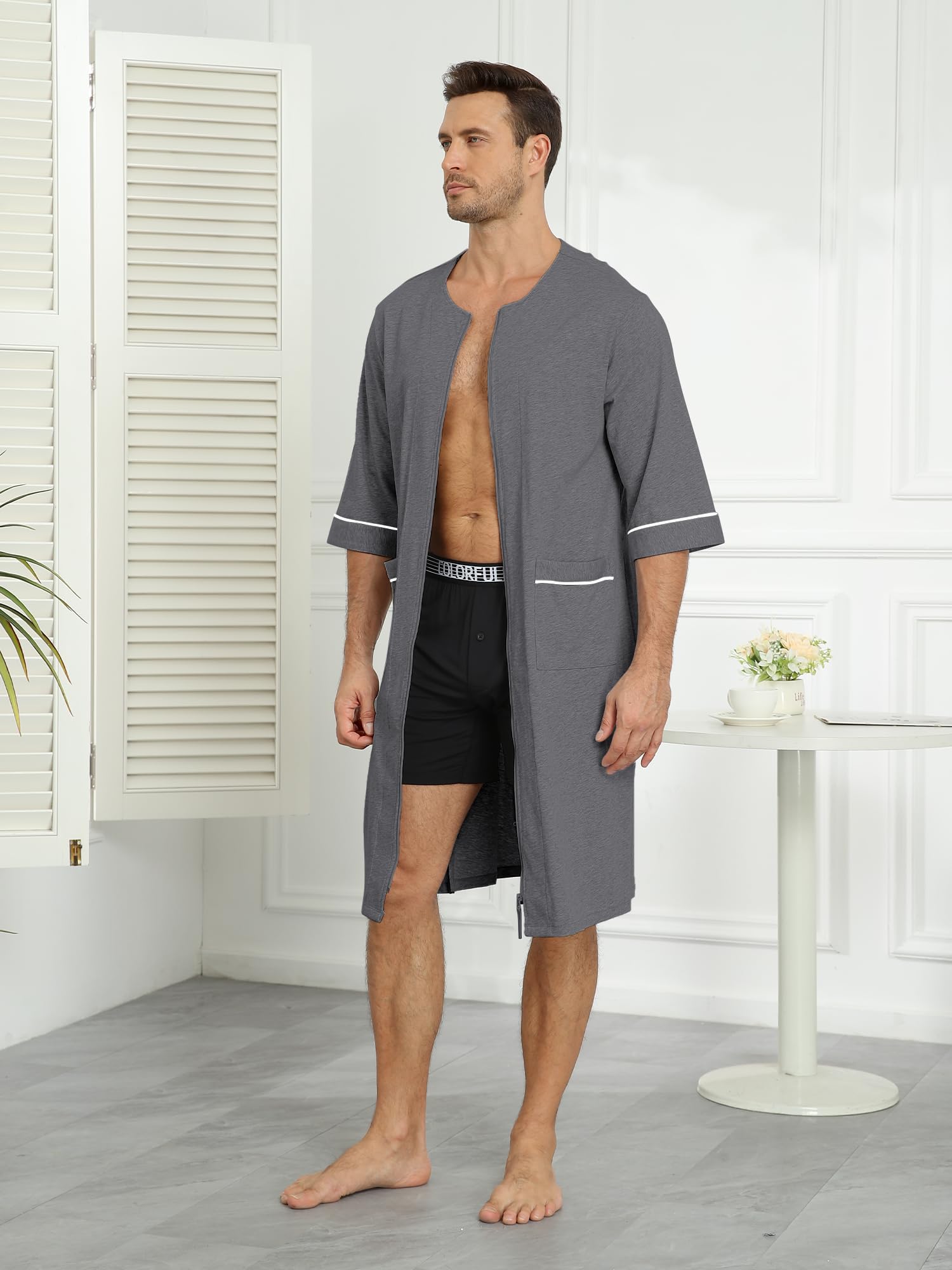 EA'S SECRET Herren 100% Baumwolle Morgenmantel Weicher Reißverschluss Bademantel Kurzarm Sommer Kimono Hausmantel Mit Taschen