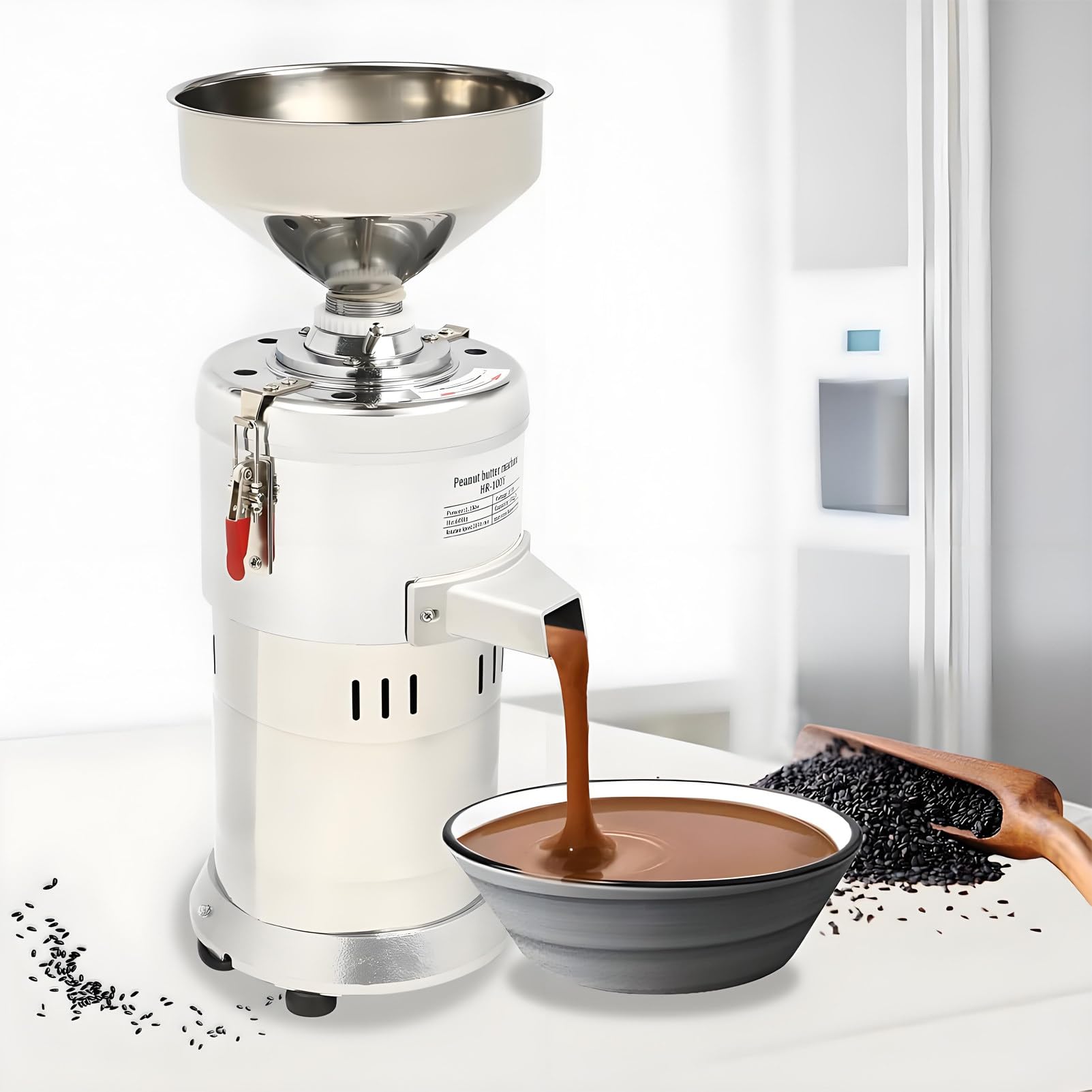 Wytrzymała maszyna do produkcji masła orzechowego o mocy 1100 W z odłączanymi częściami i solidnymi szafkami – łatwa w czyszczeniu komercyjna młynka do ziarna orzeszków ziemnych, sezamu