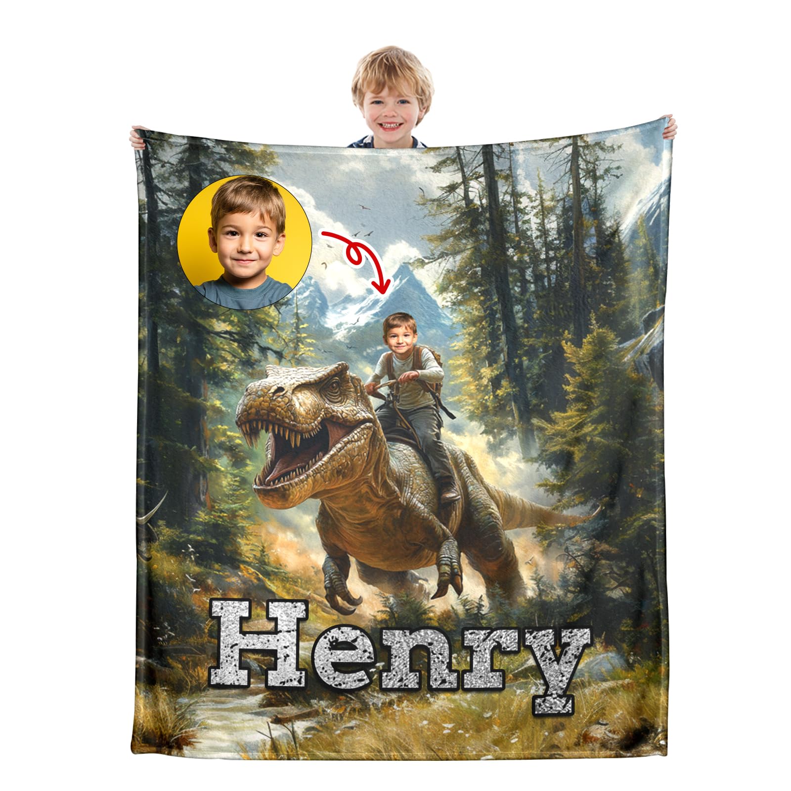 Personalized Dinosaur Blankets for Kids Boys,Custom Photo Face Dinosaur Throw Blanket for Teens Men Dinosaur Lovers,Dinosaur Toys for Birthday, Soft