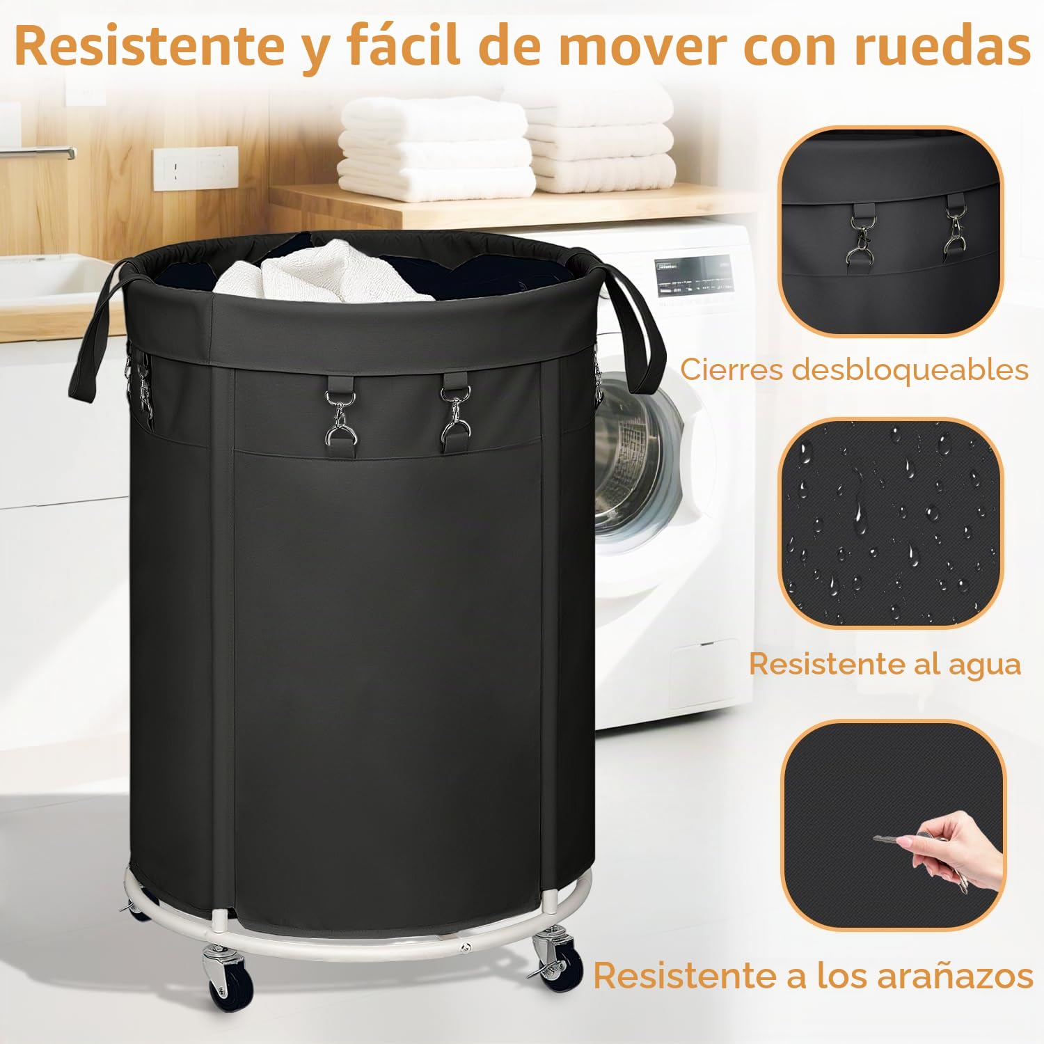 150L Cesto de Ropa Sucia con Ruedas, Cesto Redondo con Marco de Metal y Bolsa de Oxford Impermeable, Rueda Silenciosa con Freno, Cesta de Lavandería para Dormitorio, Baño, Lavadero, Negro