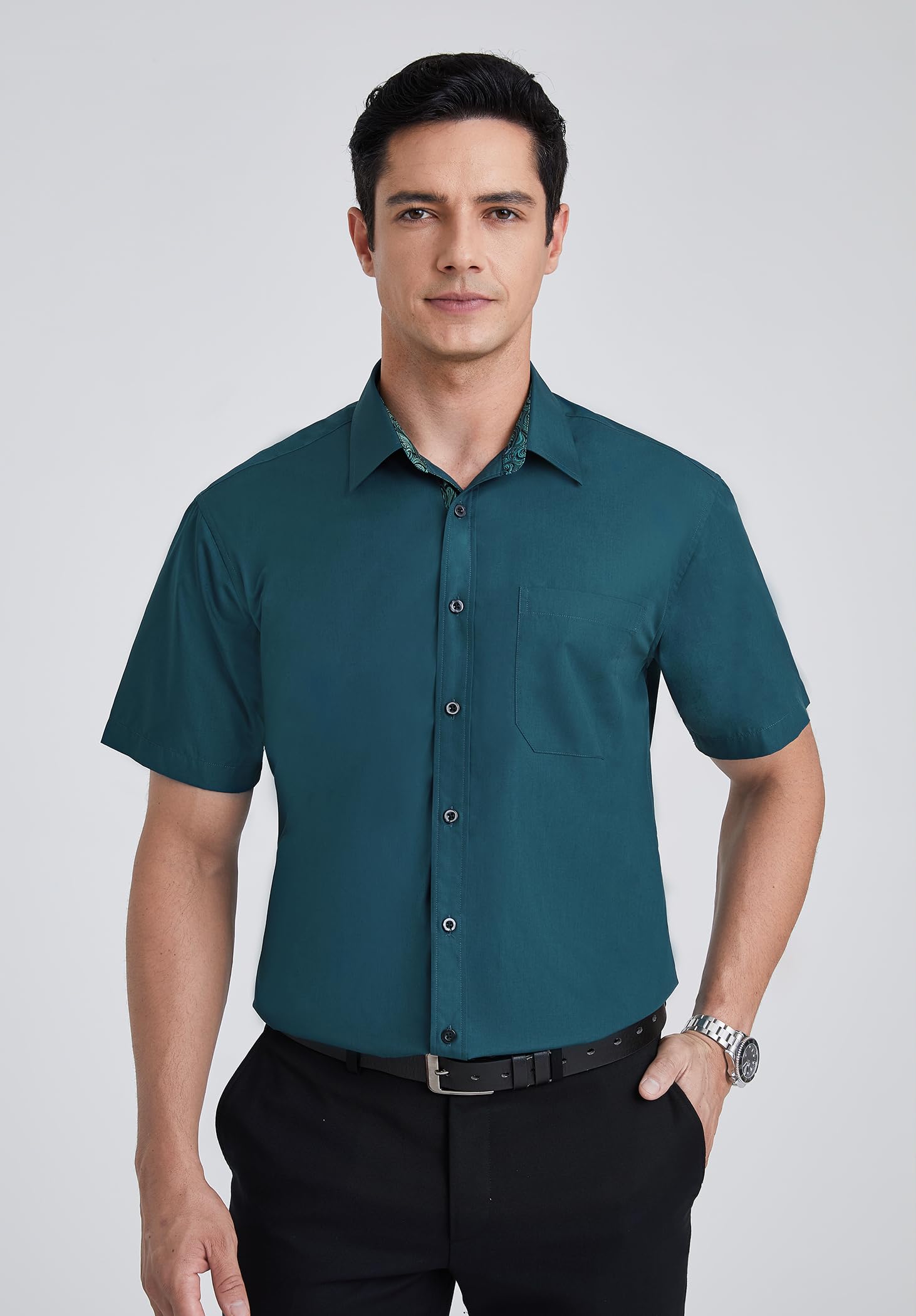 HISDERN Herren Hemd Kurzarm Freizeithemd Businesshemd Herren Kurzarm Hemden Regular Fit Bügelfreies Herrenhemd mit Brusttasche