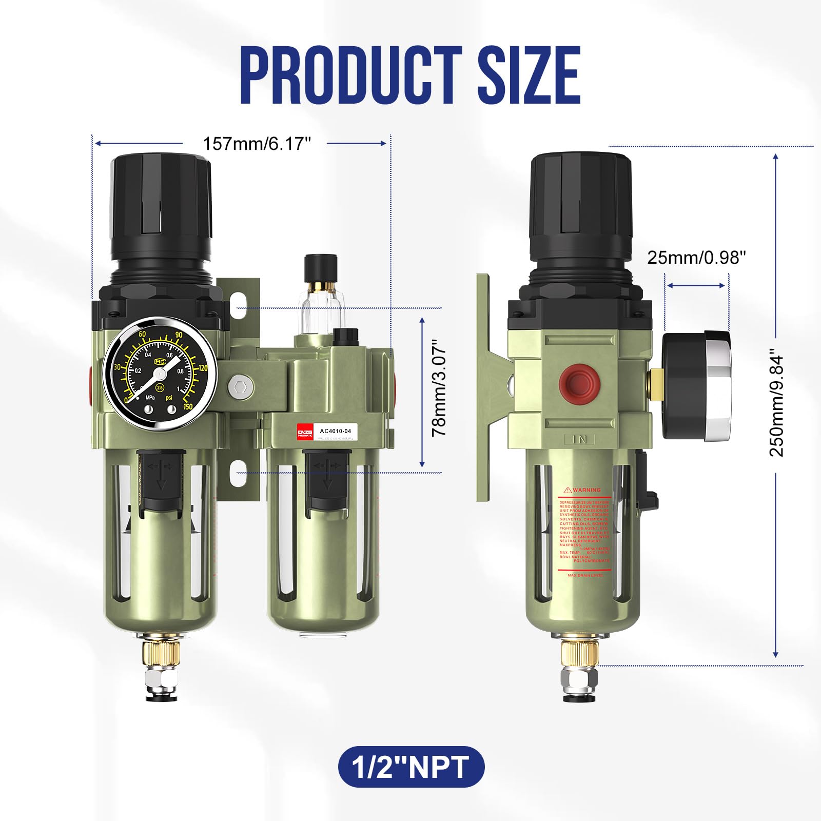 NPT 1/2 Regulador de aire con manómetro, compresor de aire separador de agua con accesorios, filtro de aire comprimido neumático trampa de aceite a presión (AC4010-04)