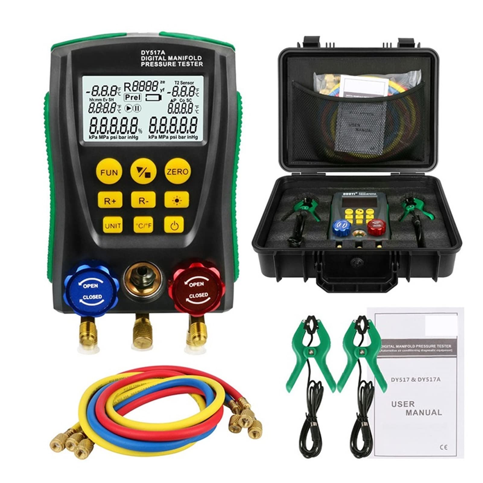 Cyfrowy miernik kolektora, Digital Pressure Gauge Refrigeration Vacuum Manifold Tester Meter Hvac. Temperature For Car Repair(DY517A)