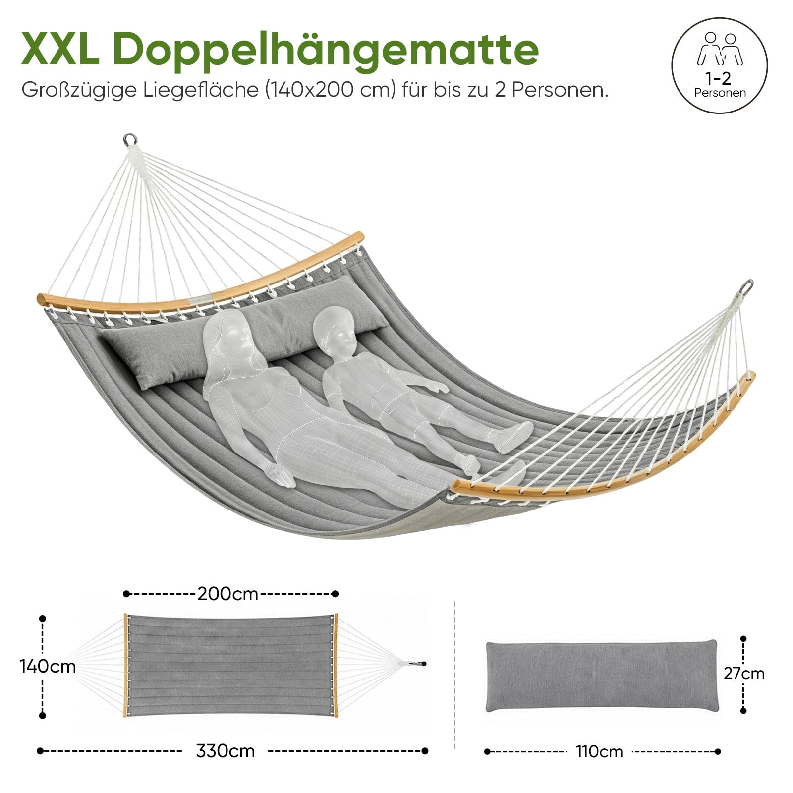 Sekey XXL Hängematte ohne Gestell für 2 Personen, 140 x 200 cm Gesteppte Doppelhängematte, bis 200 kg belastbar, inklusive Nackenkissen & Tragetasche, Stabhängematte für Garten Balkon Terrasse, Grau
