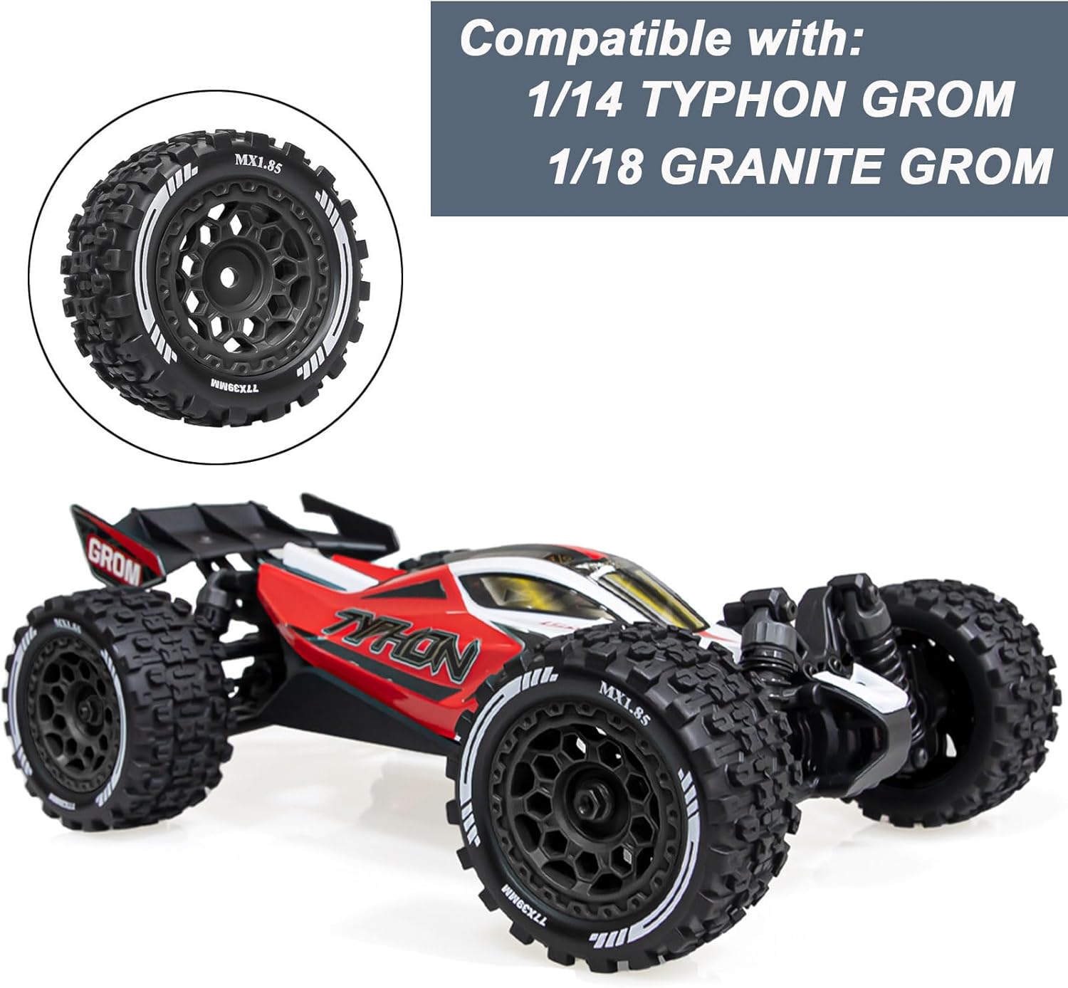 4Pcs Monster Truck Tires Set Pre Glued 12mm Hex Wheels Rims and Rubber Tires for 1/14 1/18 Typhon Grom ARRMA Granite RC Truck Upgrade (Black B)