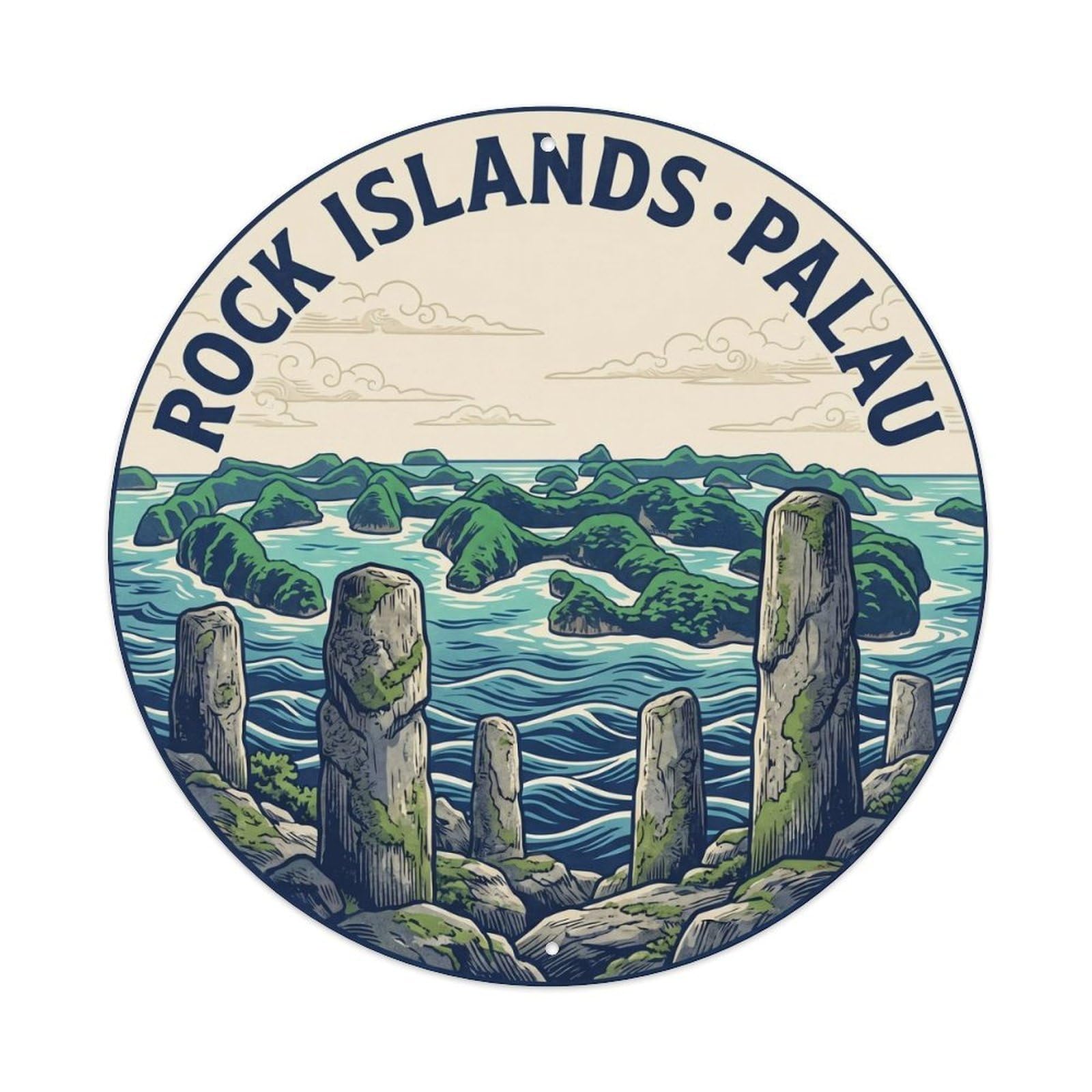 Olyhtr 8X8inch Classic Style Monolith Palau Rock Islands Woodblock Heritage Metal Tin Sign