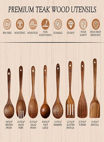 Miniatura 3 de Cucharas de madera de 8 piezas para cocinar, utensilios de madera de teca de acabado liso, juego de cocina antiadherente, agarre cómodo, utensilios