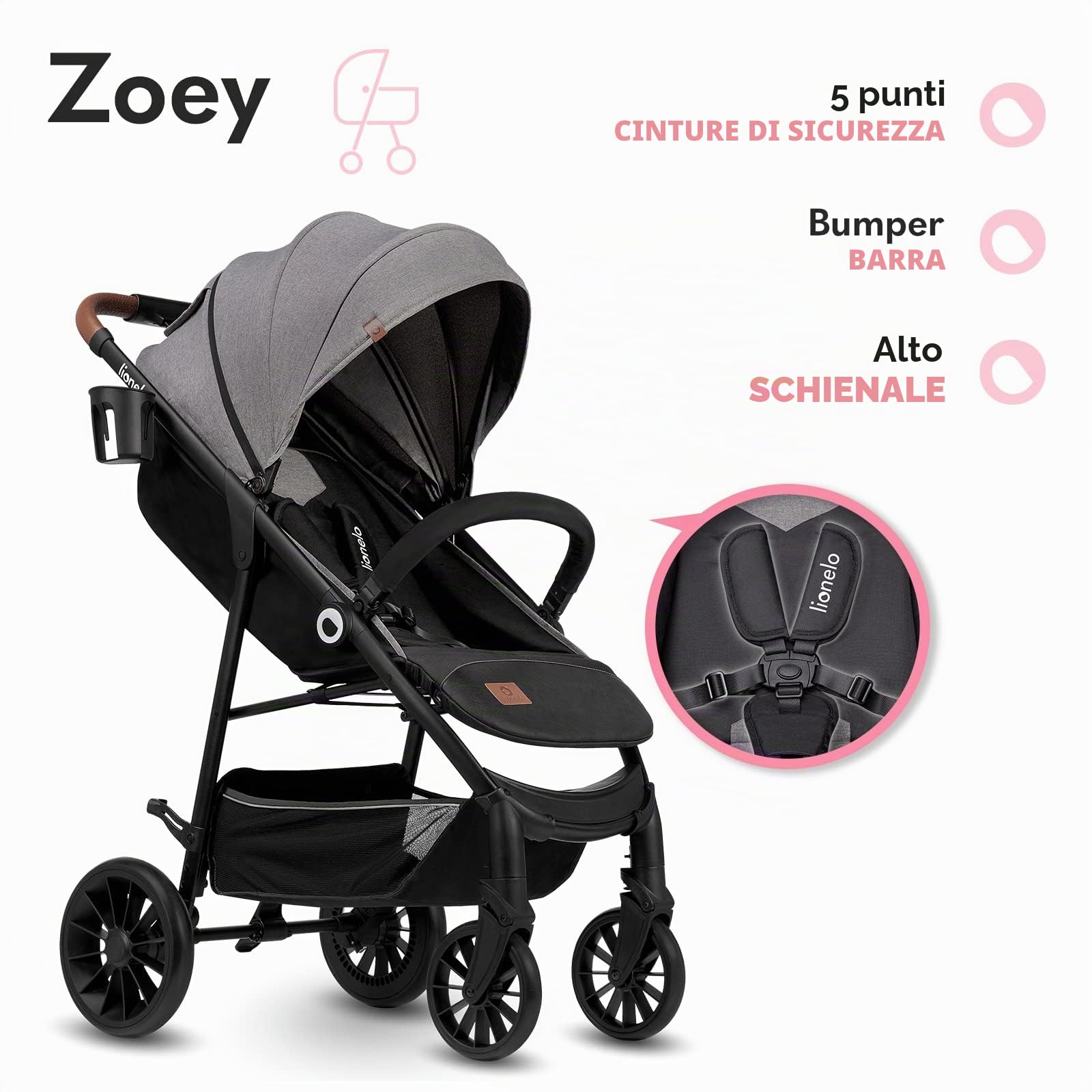 LIONELO Zoey Passeggino Leggero Pieghevole per Bambini fino a 15 kg | Schienale Reclinabile, Poggiapiedi Regolabile, Ruote in Schiuma EVA, Cappottina XXL con Protezione Solare, Zanzariera