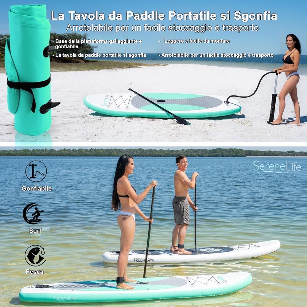 SereneLife Stand up Paddle Board Gonfiabile - Pagaia SUP Antiscivolo, Pompa, Cordino di Sicurezza e Accessori Giovani