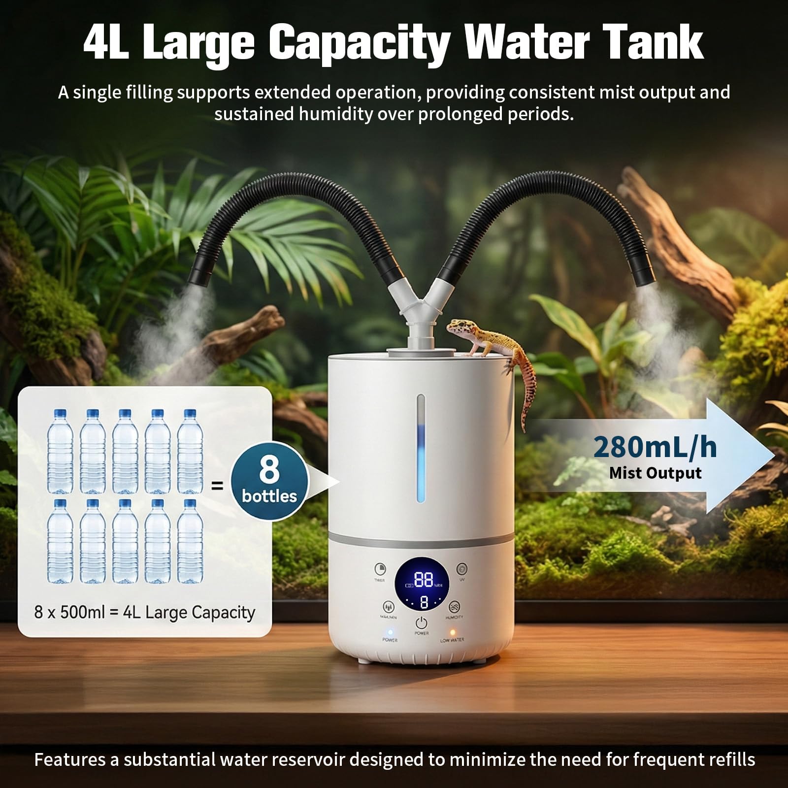 Humidificador de reptiles de terrario, humidificador de reptil de 4 litros con 280 ml/h de emisión de niebla, 2 mangueras ajustables y apagado automático, máquina de niebla para reptiles, plantas