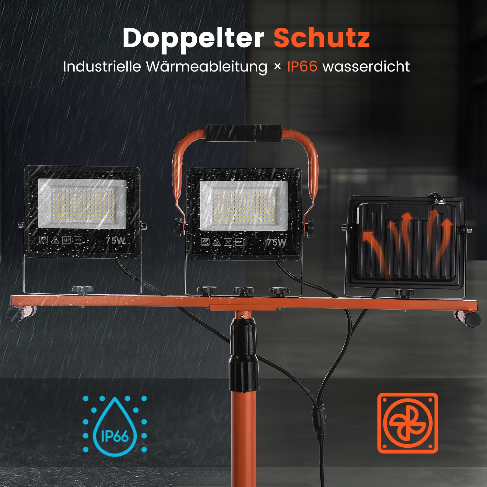 ETOOLAB Baustrahler LED mit Stativ | Baustrahler Led | 30000LM | 225W（ 3x 75W) | StrahlerArbeitsscheinwerfer 5m Bauscheinwerfer | Baustellenlampe | 98-200cm außen höhenverstellbar