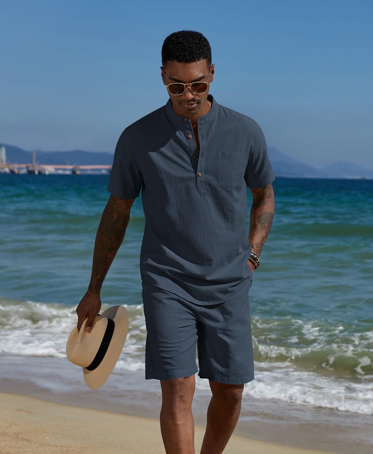 COOFANDY Men's 2 Piece Cotton Linen Sets Summer Beach Outfits Casual Short Sleeve Henley Shirts and Vacation Shorts - Image 2