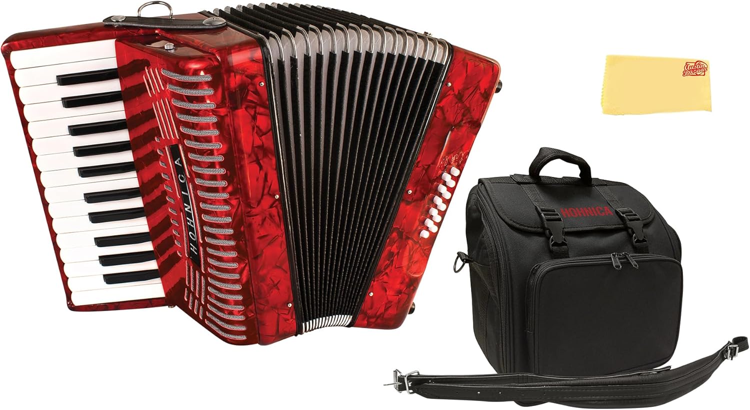Hohner Hohnica 1303 12 Bass Piano Accordion - Pearl Red Bundle with Gig Bag, Straps, and Austin Bazaar Polishing Cloth