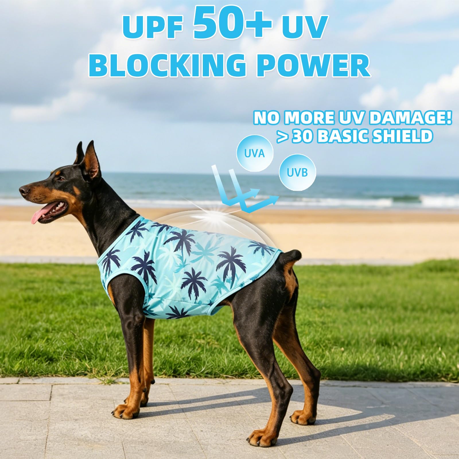KOOLTAIL Lot de 2 vêtements rafraîchissants pour chiens de grande taille, protection UV et insectes UPF50+, séchage rapide, anti-perte de poils, respirant, sans manches, motif glaçons et noix de coco