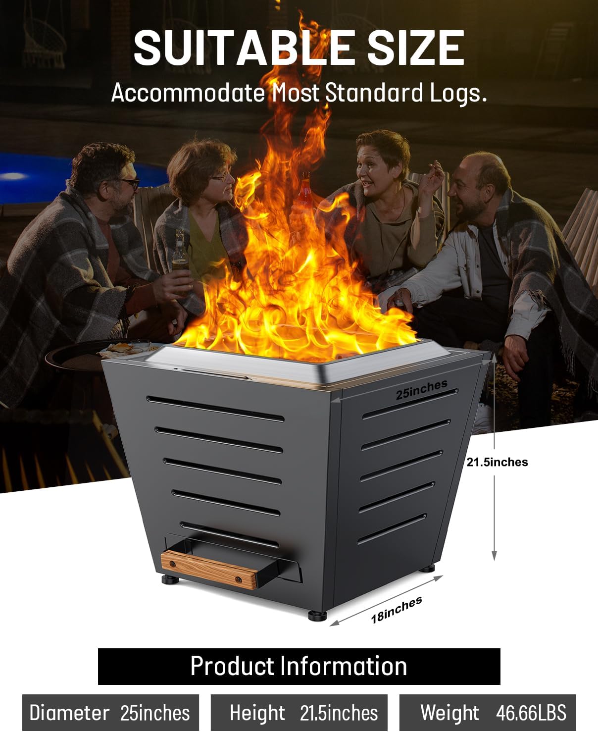 25 Inch Smokeless Fire Pit Stainless Steel Wood Burning Fireplace Portable Outdoor Fire Pit Patio Smokeless Firepit with Pull-Out Ash Tray and Handles, Black