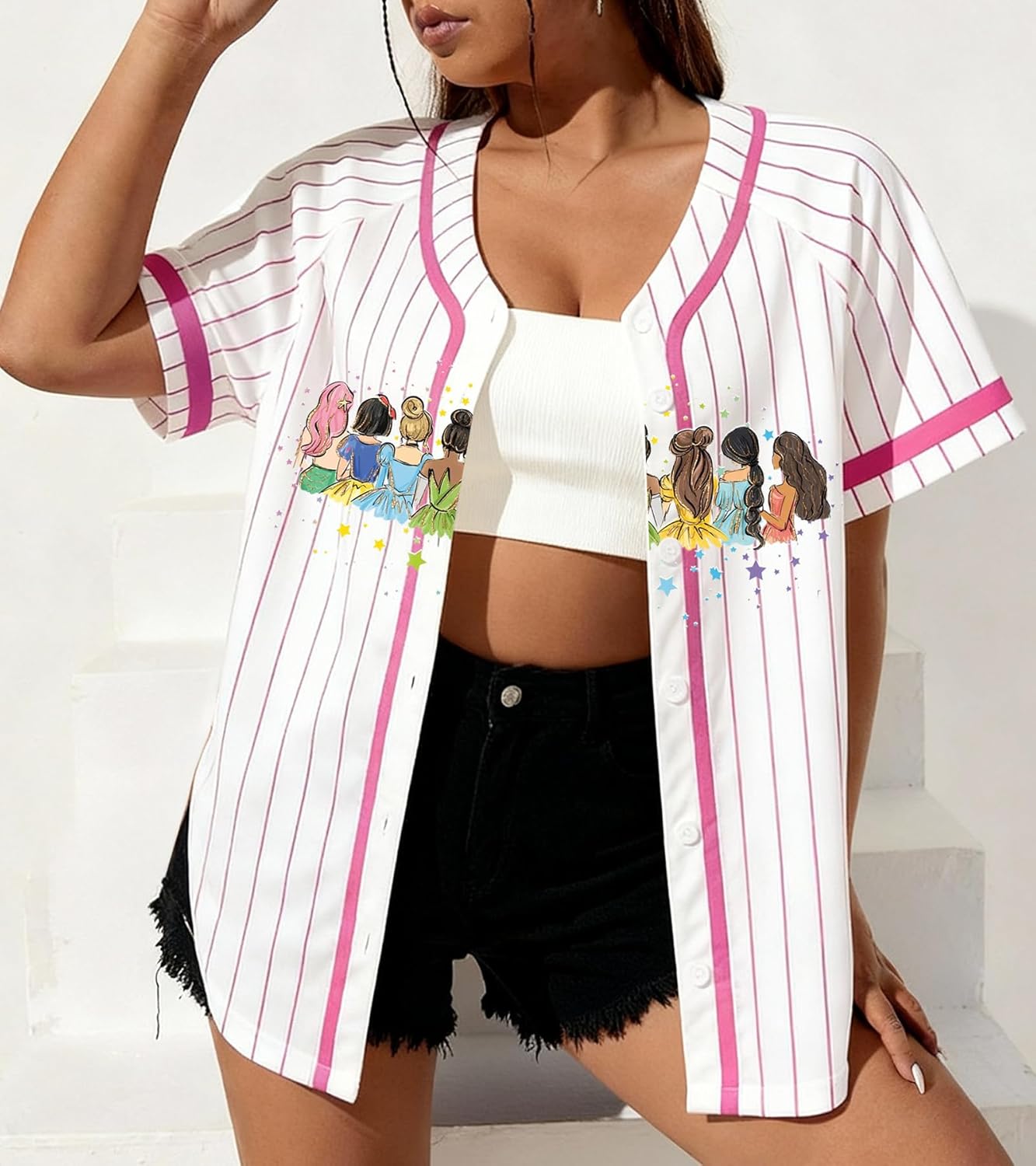 Magical Baseball Shirts for Women Princess Jersey Shirt Girls Trips Button Up Short Sleeve Jersey Top - Image 3