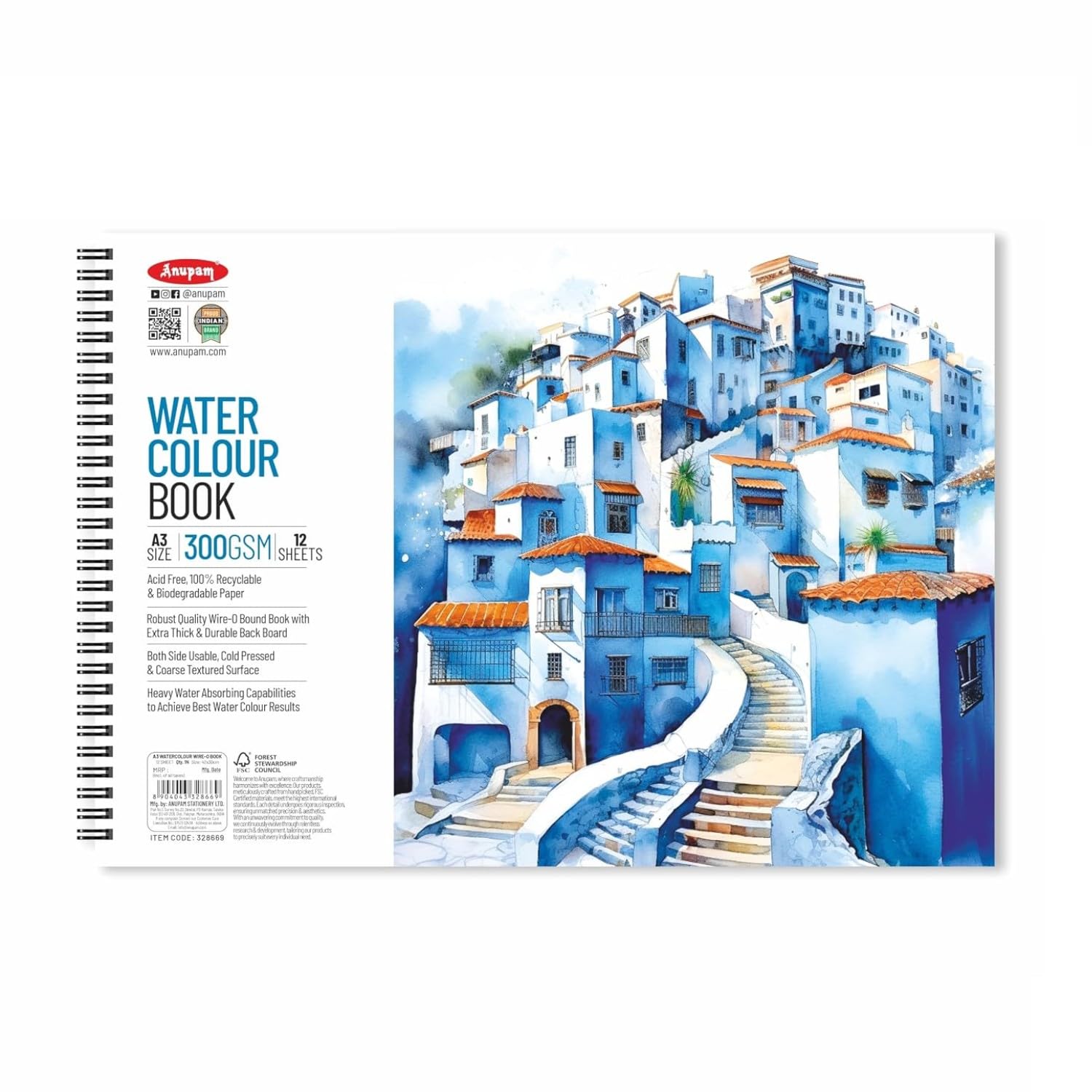 Anupam Artists Watercolour Wire-O Book 300 GSM Cold Pressed A3 24 Pages for Watercolour, Gouache, Ink, Acrylic, Wet & Mixed Media, Art Painting, Drawing for Artists & Amateurs