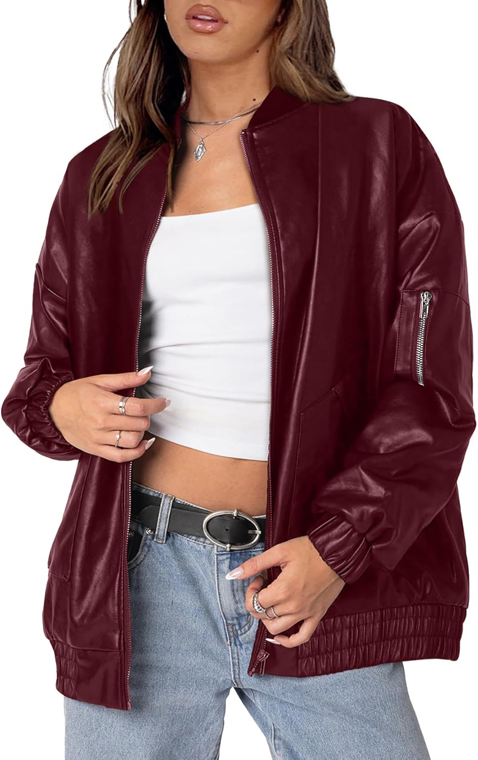 XIEERDUO Faux Leather Jacket Women Oversized Motorcycle Bomber Coats Zip Up Sleeve Pocket 2025 Fall Winter Clothes