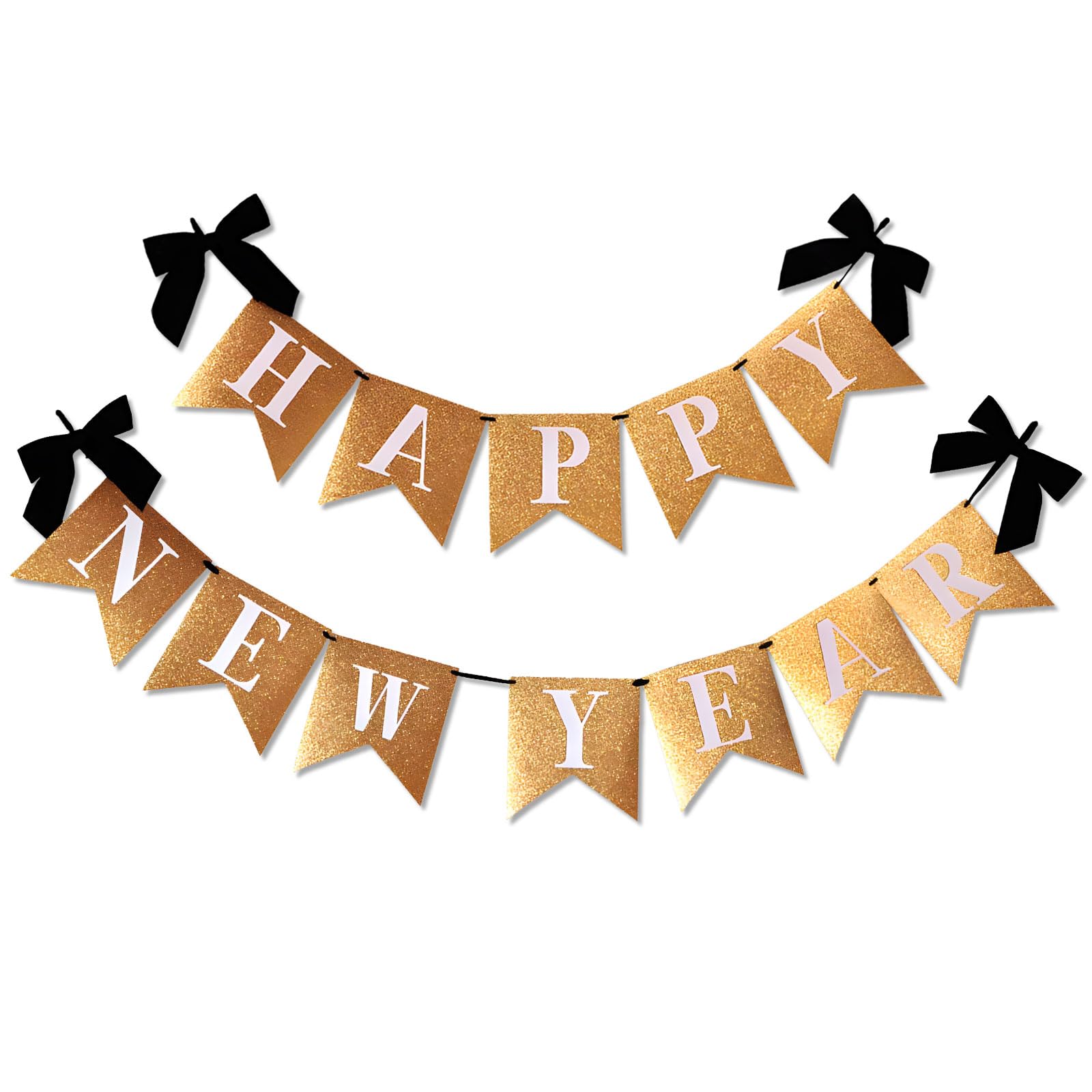 Happy New Year 2026 Banner, New Years Eve Decorations 2026, Black Gold Glitter Banner with Black Bow