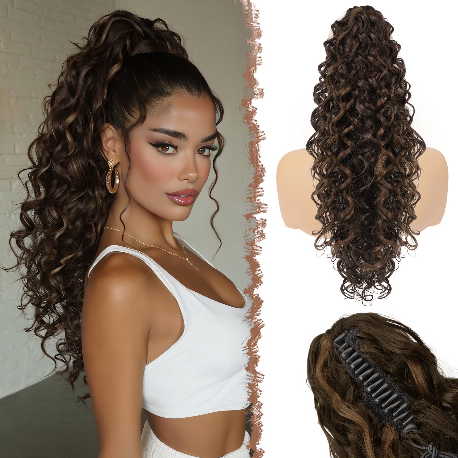 FESHFEN Pferdeschwanz Haarteil mit Klammer - Lange Locken Mischung aus Braun Ponytails Claw Clip in Lockige Ponytail Haarteile Synthetik Haare Zopf Extension für Damen, 65 cm