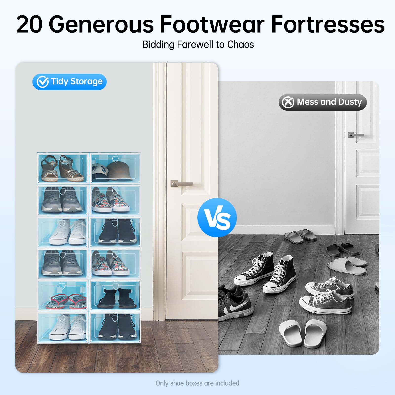 20 scatole per scarpe Flip-Top, trasparenti, impilabili con manico a cuore, 23 x 33 x 14 cm, salvaspazio e antipolvere, per scarpiere, camera da letto, guardaroba, ripostigli, blu