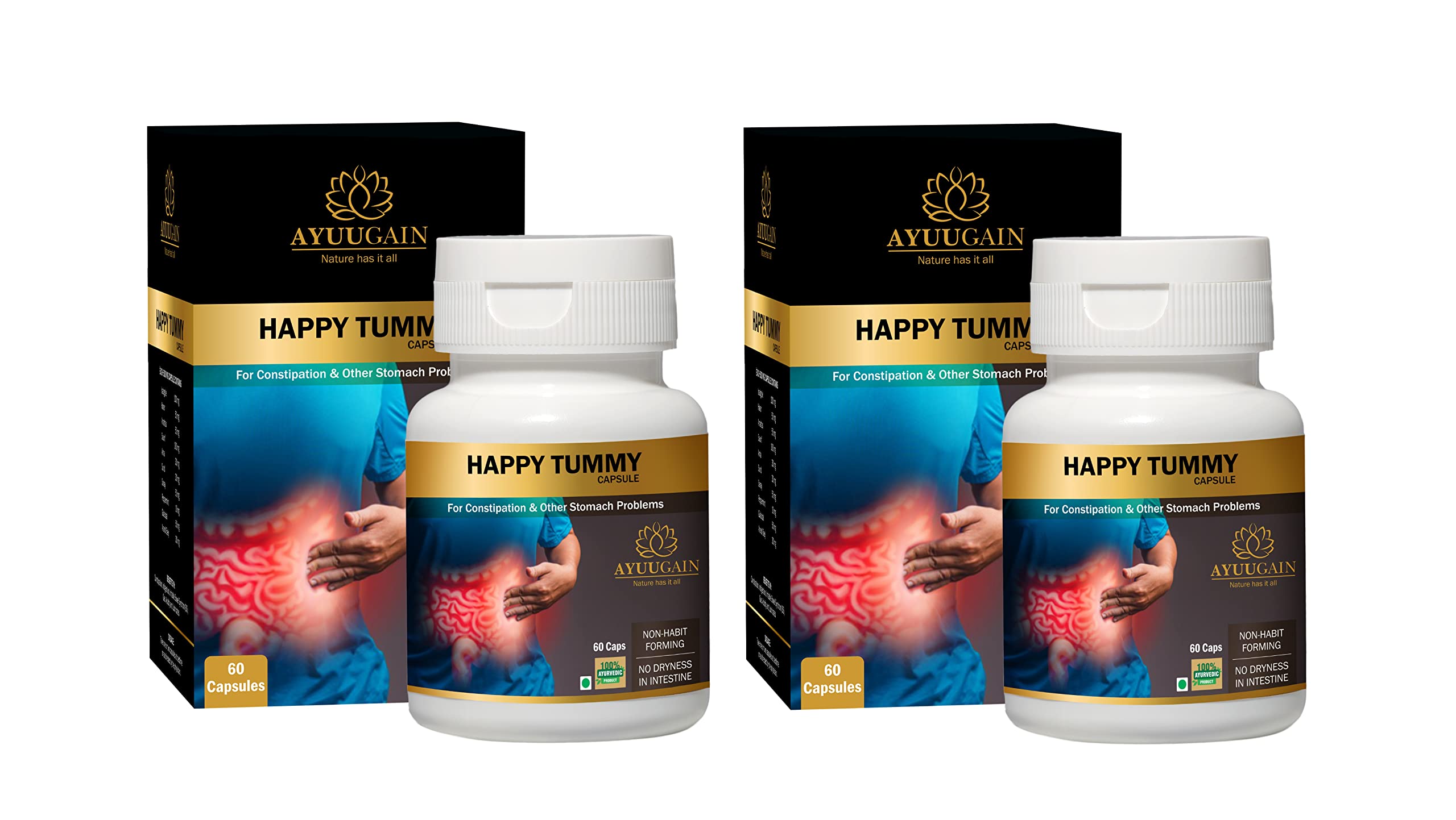 Ayuugain Happy Tummy Ayurvedic Capsule For Constipation Indigestion Gas Acidity Relief | Herbal Supplements Supports Gut Health Naturally with 10 Herbs - 60 Capsules (Pack of 2) (B099NQCJZM) Amazon Price History, Amazon Price Tracker