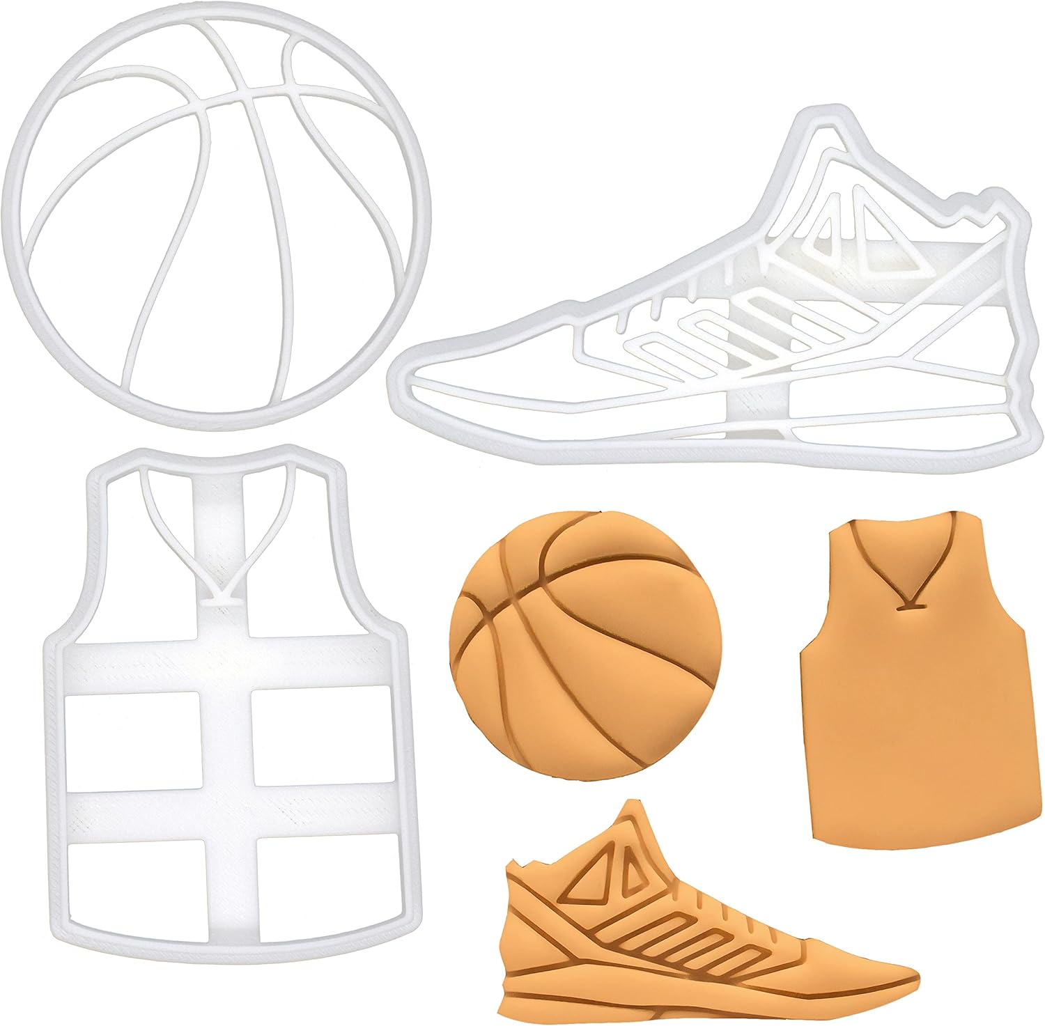 Set of 3 Basketball themed cookie cutters (Designs: Basketball, Jersey, and Shoe), 3 pieces - Bakerlogy