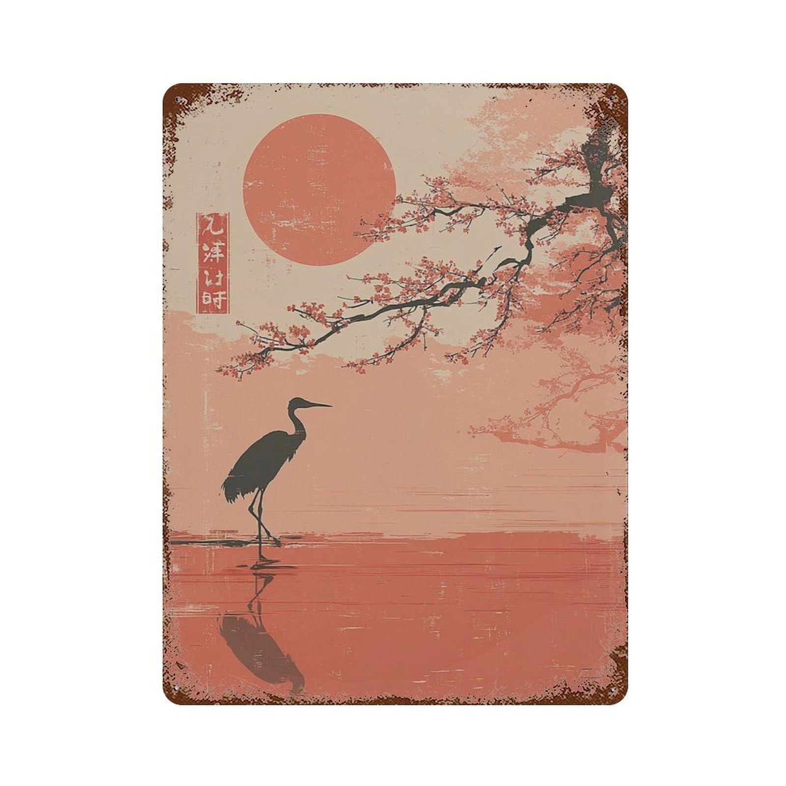 xiaoxiaoshen Cherry Blossom Pagoda Japanese Sunset Crane Minimalist Oriental Wall Decor Art Metal Tin Poster Modern Home Decor Art Home Bar Shop Decorations Vintage Sign 40x30cm
