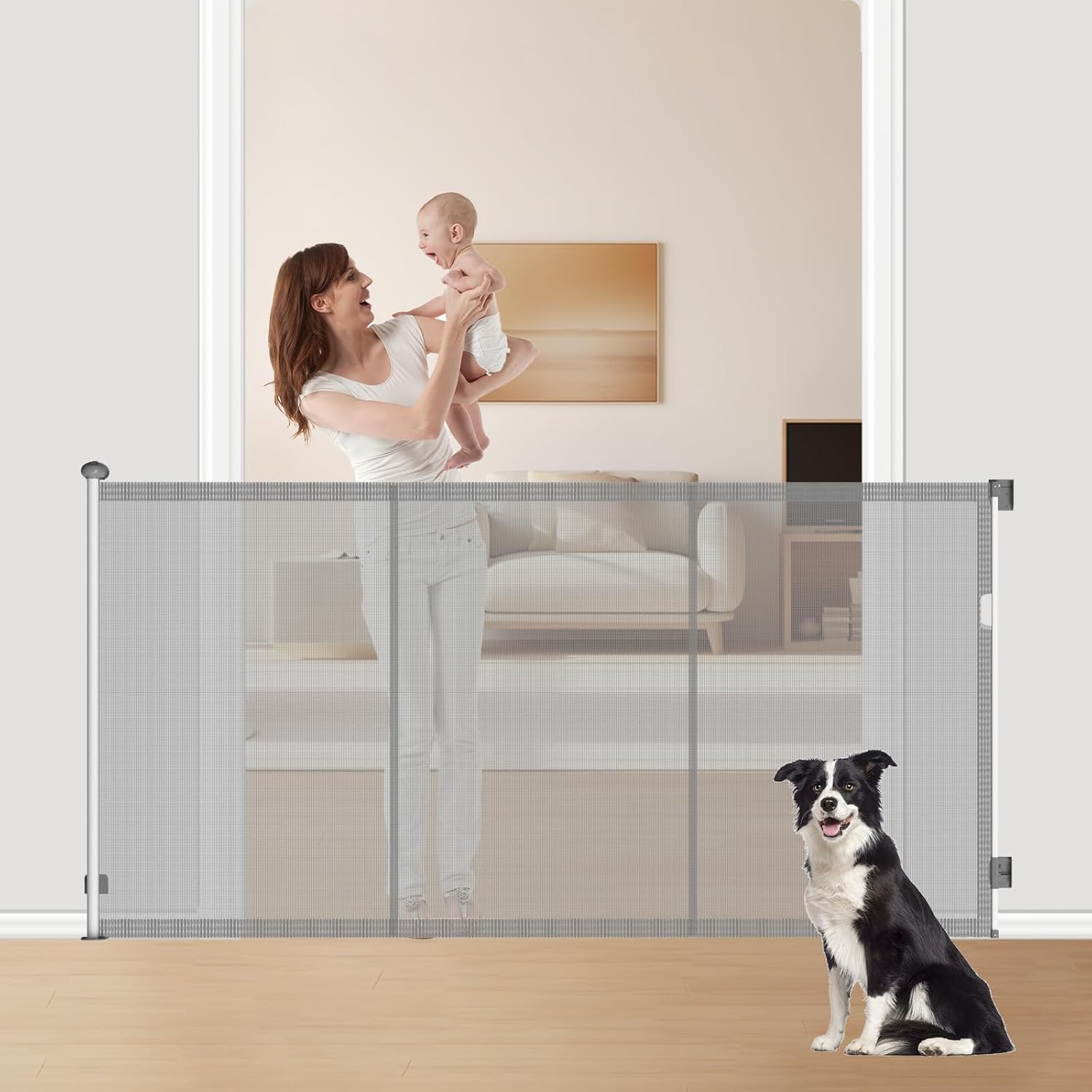 Extra Tall 57'' Reinforced Retractable Mesh Baby Gates with Reinforced Strips,Dog Gate Extends to 55" Wide,Prevents Bottom Drilling Through Baby and Pet,Retractable Pet Gate for Outdoor/Indoor 57" Tall 55" Wide