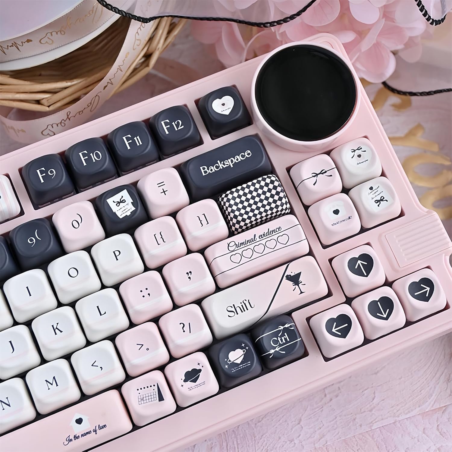 MOA Profile Cute Keycaps,PBT Dye-Sub Kawaii Pink and Black Keycaps Custom Full Size Keycap Set for Cherry MX Switch ANSI Layout 75% 60% Mechanical Gaming Keyboard Creamy Keycap (118Keys)