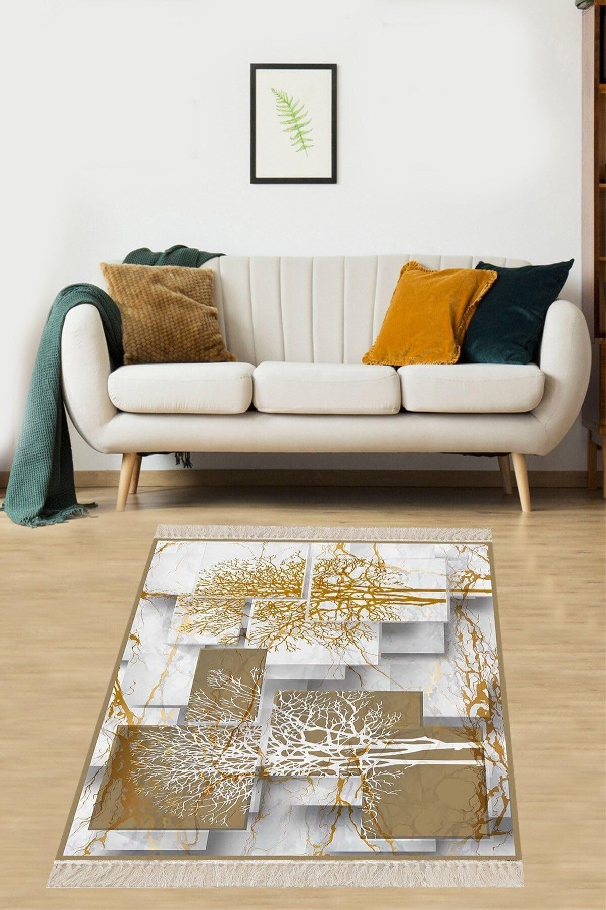 Pelangi Mermer Ve Ağaç Desenli Etnik Dijital Baskı Yıkanabilir Kaymaz Taban Salon Halı Ve Yolluk, Beyaz-Gold 160 x 350