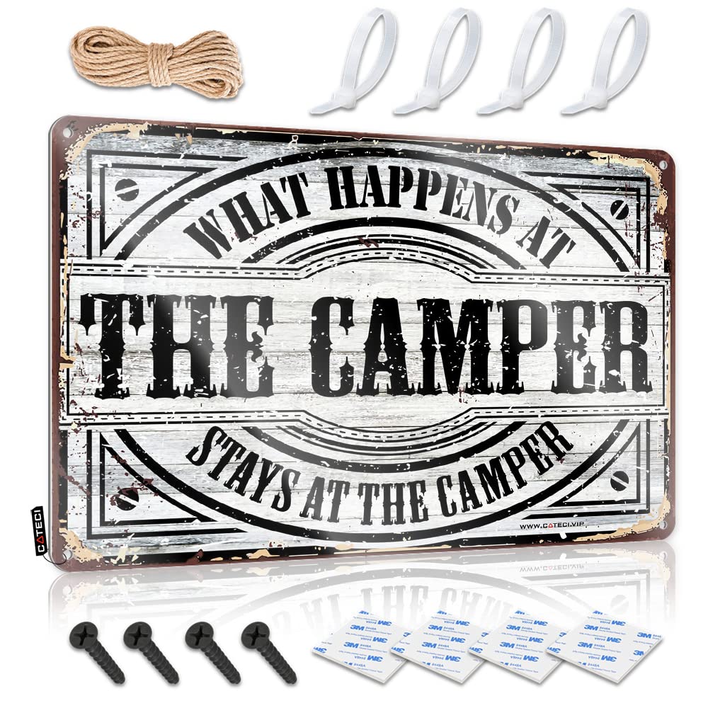 IBWNBBUSN Tin Signs Warning What Happens At The Camper Stays At The Tin Sign Funny Bar Decor Men Decor(20X30CM)