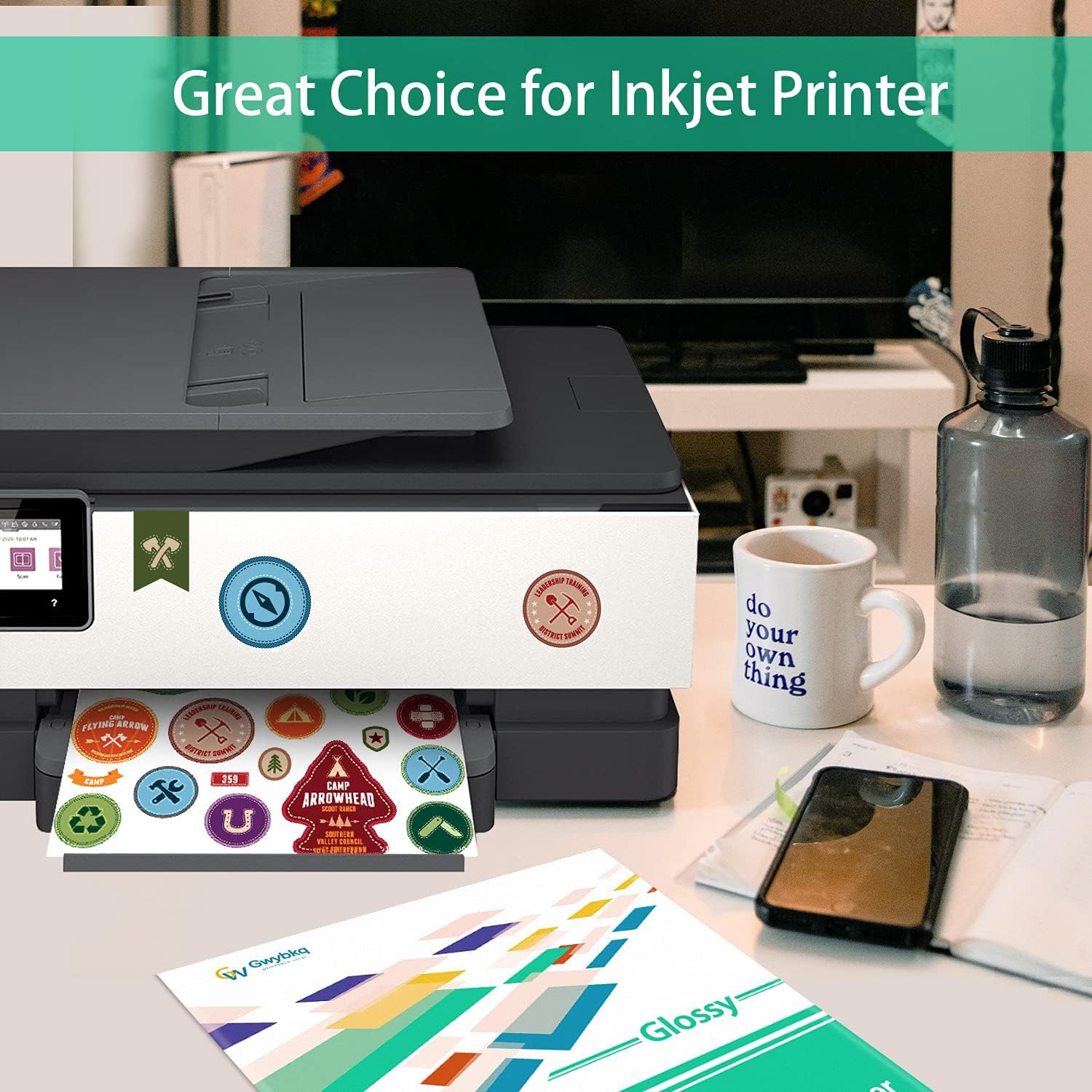 Papel de vinilo premium imprimible para impresora de inyección de tinta, 50 hojas de papel de vinilo impermeable blanco brillante, se seca rápidamente y mantiene la tinta maravillosamente