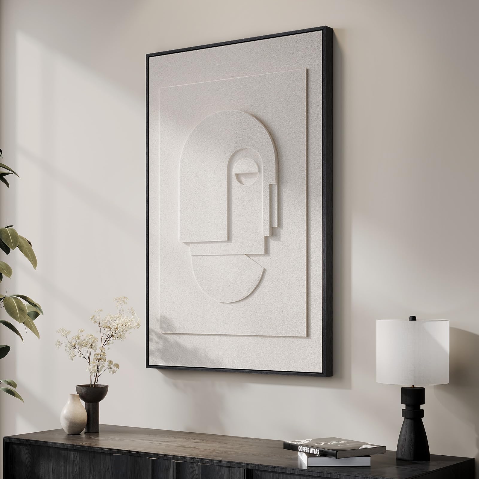 Framed 3D Textured Wall Art for Living Room, Modern Abstract White Geomtric Artwork for Walls, Contemporary Minimalist Pictures for Bedroom Dining Room Hallway Wall Decor 24x36 In
