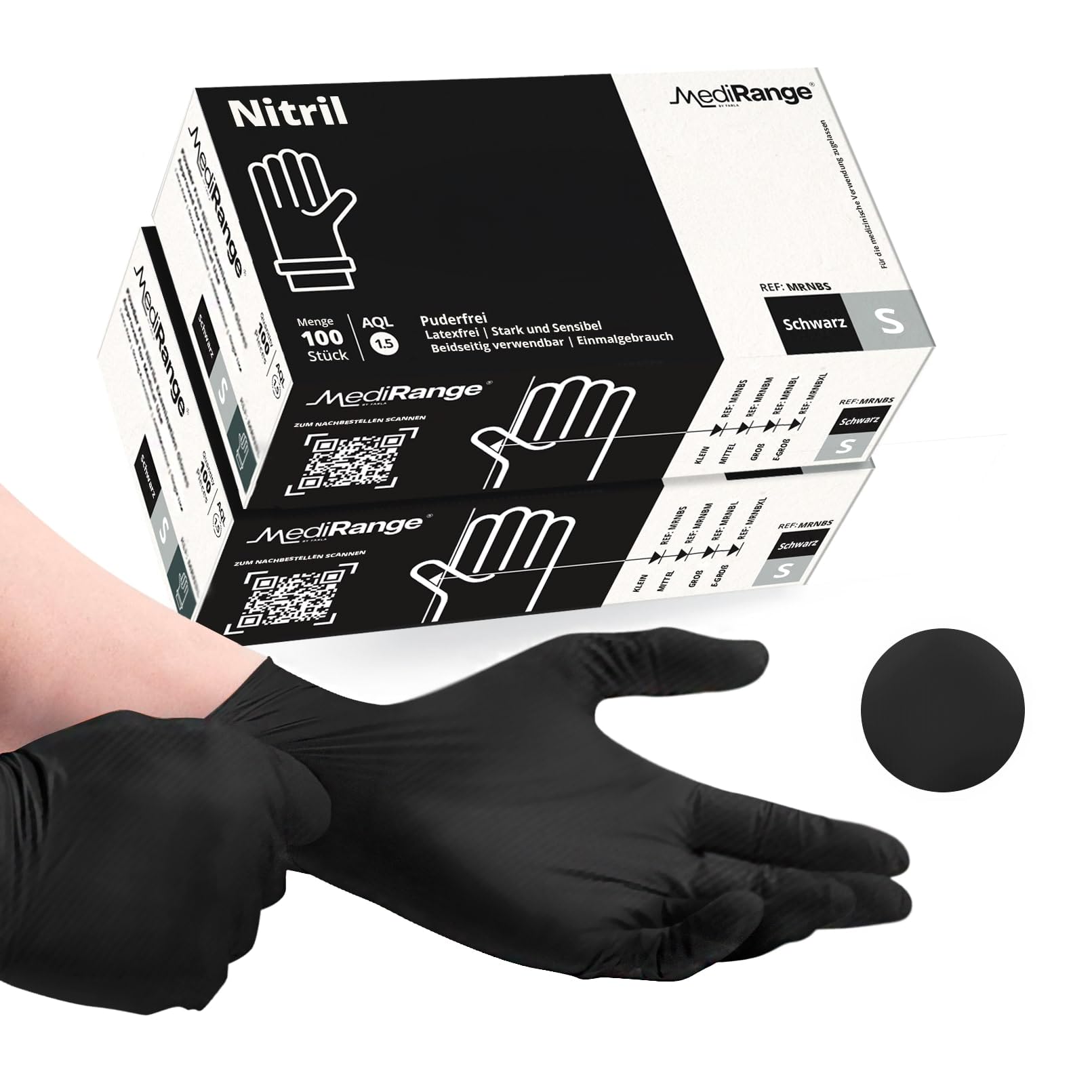 Farla Medical Nitril-Untersuchungshandschuhe - Packung mit 200 - Schwarze Einweg-Schutzhandschuhe in medizinischer Qualität, geeignet für beide Hände, puderfrei, latexfrei, mit strukturiertem Griff