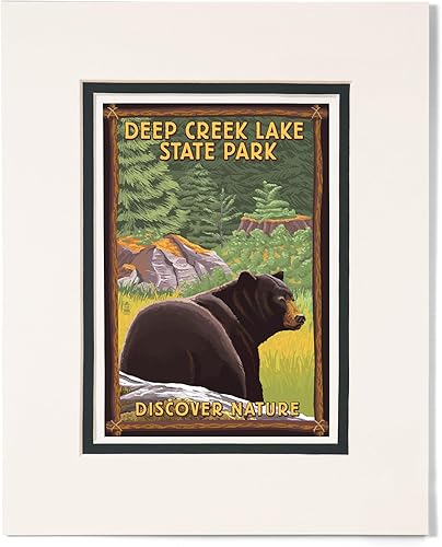 Lantern Press 11x14 Inch Matted Art Print Wall Decor, Deep Creek Lake State Park, Maryland, Bear in Forest