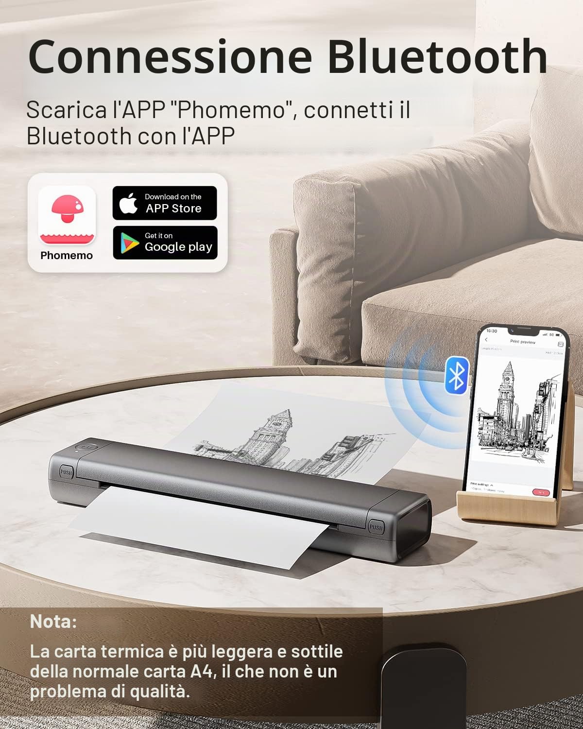Phomemo M08F Stampante Portatile A4 Bluetooth Termica Senza Fili Compatibile Android iOS