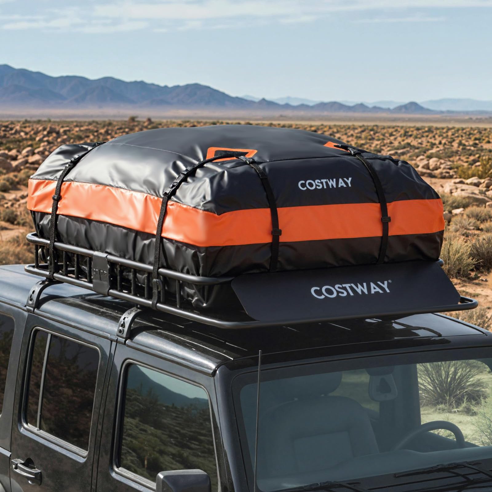 COSTWAY Cofre Techo Coche 425L, Cofre de Techo para Vehículo con Bolsa Impermeable de de Almacenaje, Carga 90 kg, Portaequipajes Universal con Correas de Trinquete para SUV, Camión, Berlina