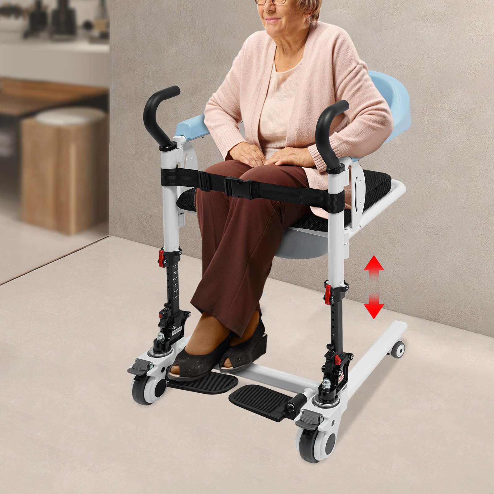 Transportador de pacientes con asiento dividido de 180° y ruedas para hospitales, residencias de ancianos, centros de rehabilitación, 55 x 60 cm