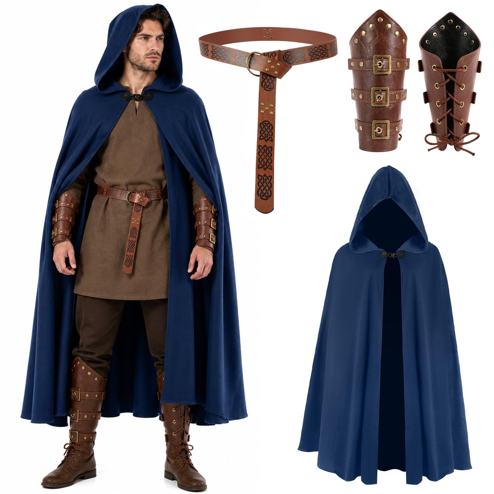 ZZXIAOJIE Medieval Costume Cloak Renaissance Knight Velvet Cape Hooded Viking Belt Leather Bracers Retro Halloween Carnival Fancy Dress Accessories for Adult (Blue)