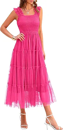 PRETTYGARDEN Women's Summer Tulle Midi Dress Sleeveless Smocked Ruffle Mesh Flowy Dresses Party Wedding Guest Sundress
