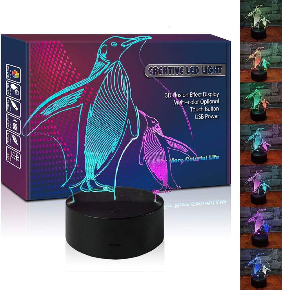 HIPIYA Penguin Night Light LED 3D Illusion Remote Control USB Lamp Christmas Festival Present Birthday Gift for Boy Girl Kid Gentlemen Father's Day Nursery Room Bedroom Decor (Penguin)