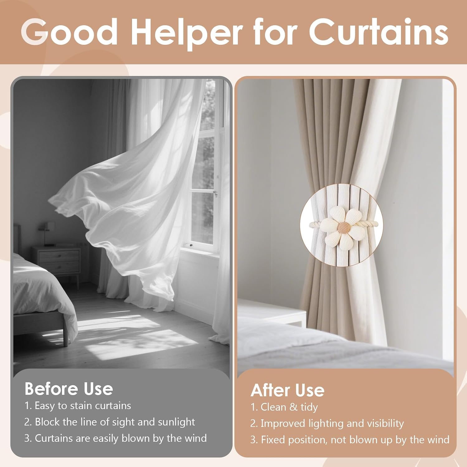 Magnetic Curtain Tiebacks, 2 Pack Window Curtain Treatment Holdbacks Tie Back Holders with Weave Twist Rope for Home Bedroom Office Indoor & Outdoor Decorative Boho Flower Cream Beige image 4