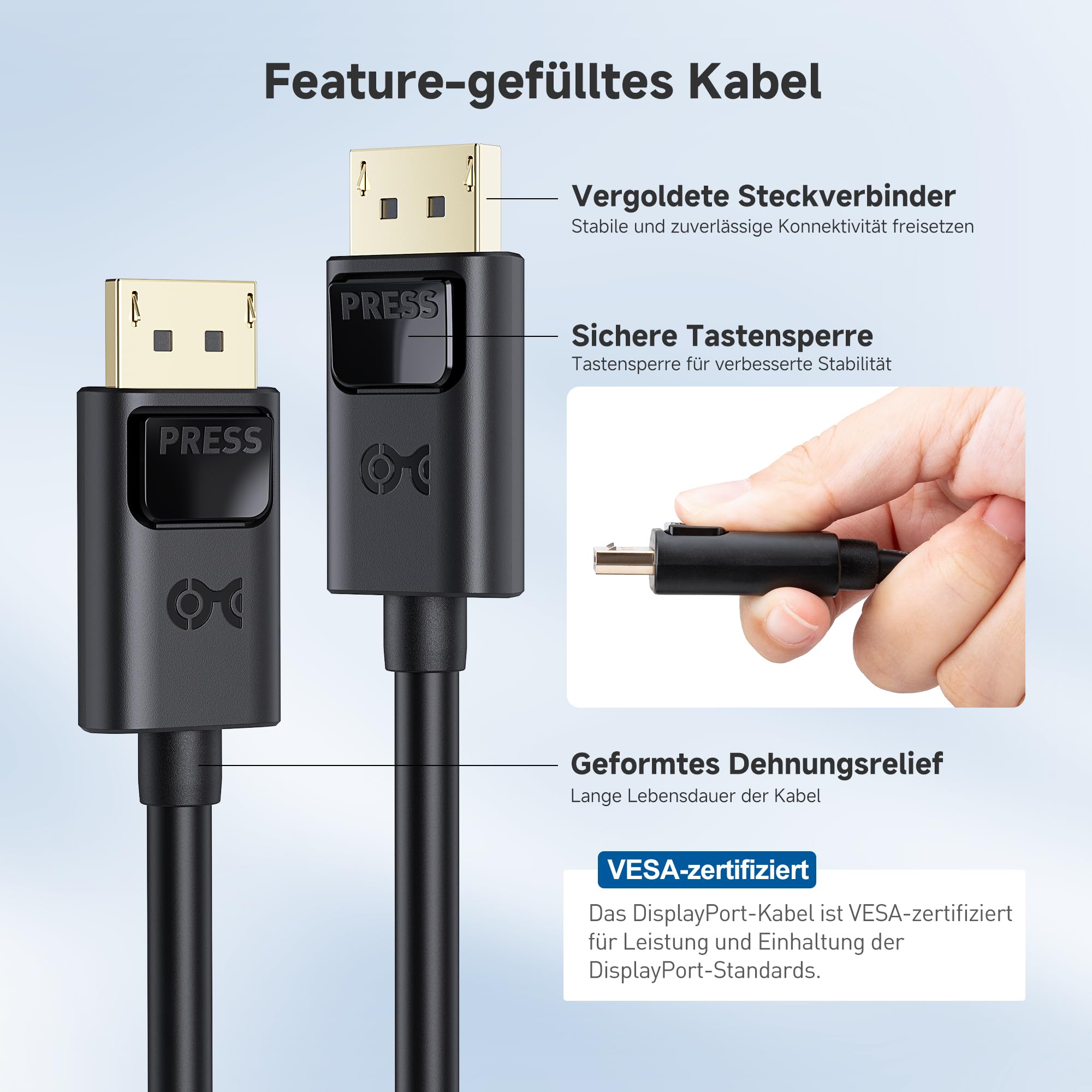 Acer DisplayPort Kabel 3m – 8K@60Hz, 4K@240Hz, Unterstützt G-Sync, HDR & DSC 1.2
