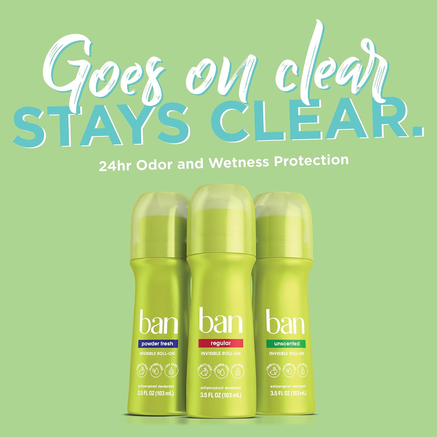 Ban Original Unscented 24-hour Invisible Antiperspirant, Roll-on Deodorant for Women and Men, Underarm Wetness Protection, with Odor-fighting Ingredients, 3.5 Fl Oz (Pack of 2)